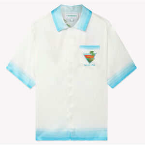 Casablanca Men’s Palm Springs Icon Blue Cuban Collar Silk dress shirt Shirt XS